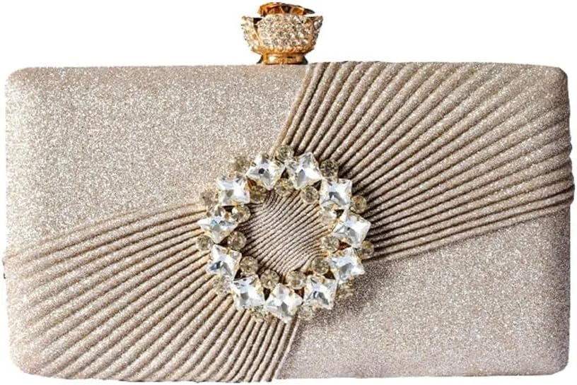 Classy Pleated Clutch Purse Simple Crystal Brooch Decorated Evening Bag Formal Occasion Casual Party Purse for Women