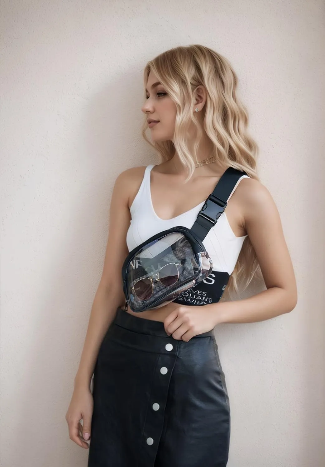 Clear Belt Bag Fanny Pack Stadium Approved, Small Leather Transparent Waist Bag with Adjustable Strap for Concerts Sports Events, Crossbody Purses for Men & Women (Black)