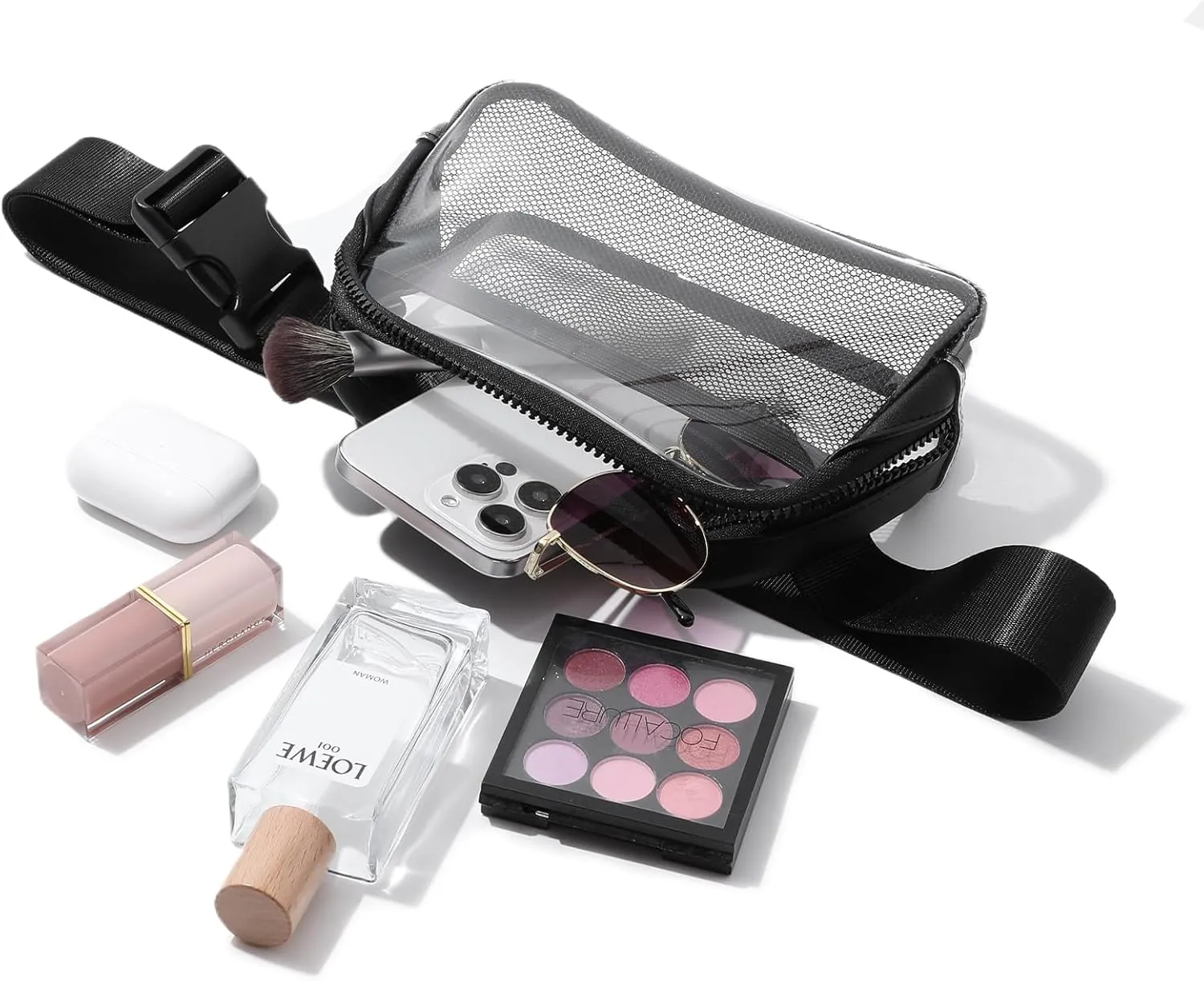 Clear Belt Bag Fanny Pack Stadium Approved, Small Leather Transparent Waist Bag with Adjustable Strap for Concerts Sports Events, Crossbody Purses for Men & Women (Black)