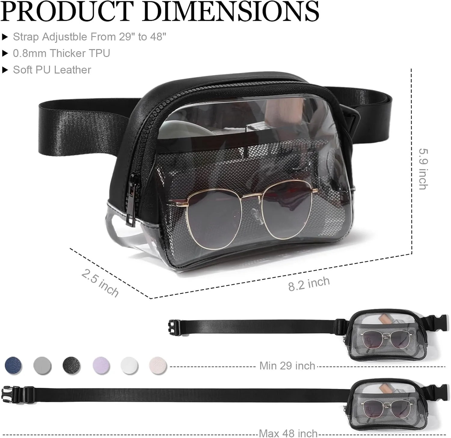 Clear Belt Bag Fanny Pack Stadium Approved, Small Leather Transparent Waist Bag with Adjustable Strap for Concerts Sports Events, Crossbody Purses for Men & Women (Black)