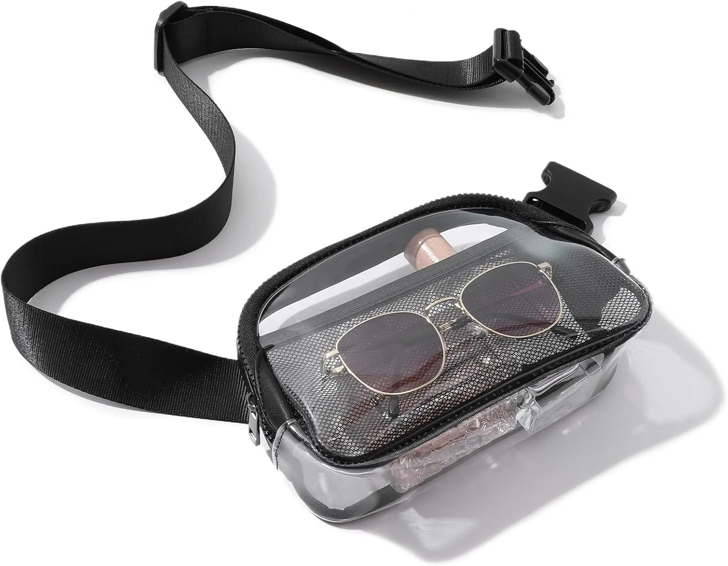 Clear Belt Bag Fanny Pack Stadium Approved, Small Leather Transparent Waist Bag with Adjustable Strap for Concerts Sports Events, Crossbody Purses for Men & Women (Black)