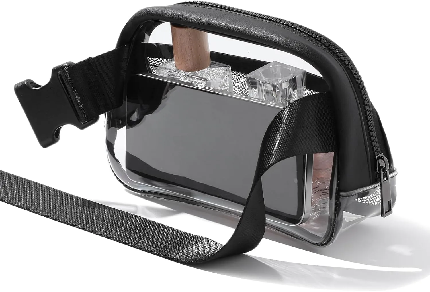 Clear Belt Bag Fanny Pack Stadium Approved, Small Leather Transparent Waist Bag with Adjustable Strap for Concerts Sports Events, Crossbody Purses for Men & Women (Black)