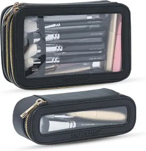 Clear Makeup Bag Set – 2-in-1 TSA-Approved Cosmetic Organizer with Brush Holder – Waterproof Saffiano Leather Travel Toiletry Bag – Gift Box Included