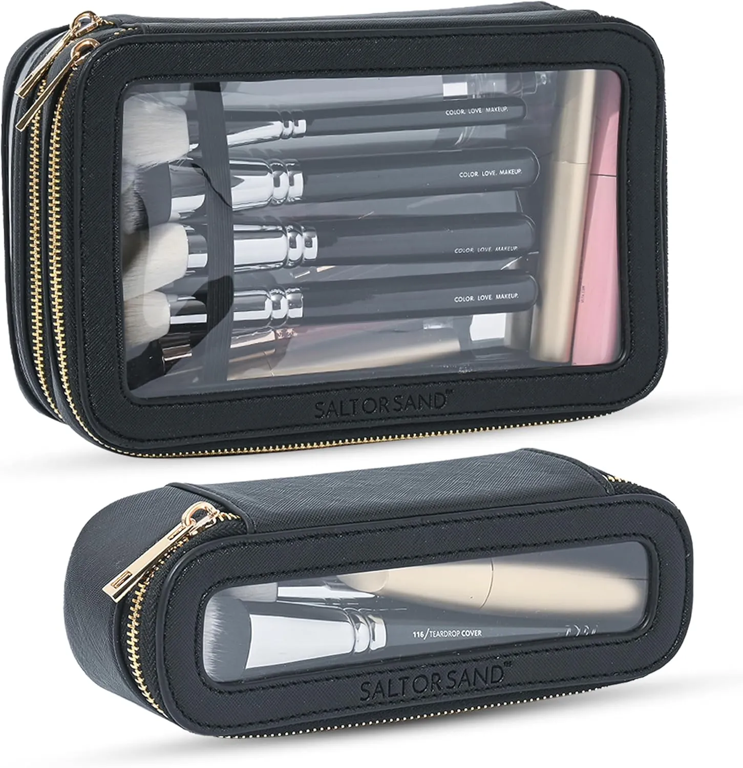 Clear Makeup Bag Set – 2-in-1 TSA-Approved Cosmetic Organizer with Brush Holder – Waterproof Saffiano Leather Travel Toiletry Bag – Gift Box Included