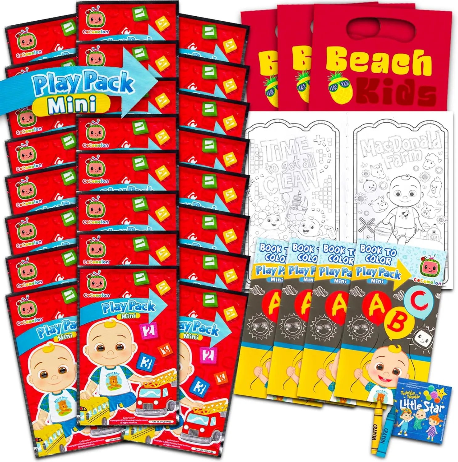 Cocomelon Mini Party Favors Set for Kids - Bundle with 24 Mini Cocomelon Grab n Go Play Packs with Coloring Pages, Stickers and More (Cocomelon Birthday Party Supplies)