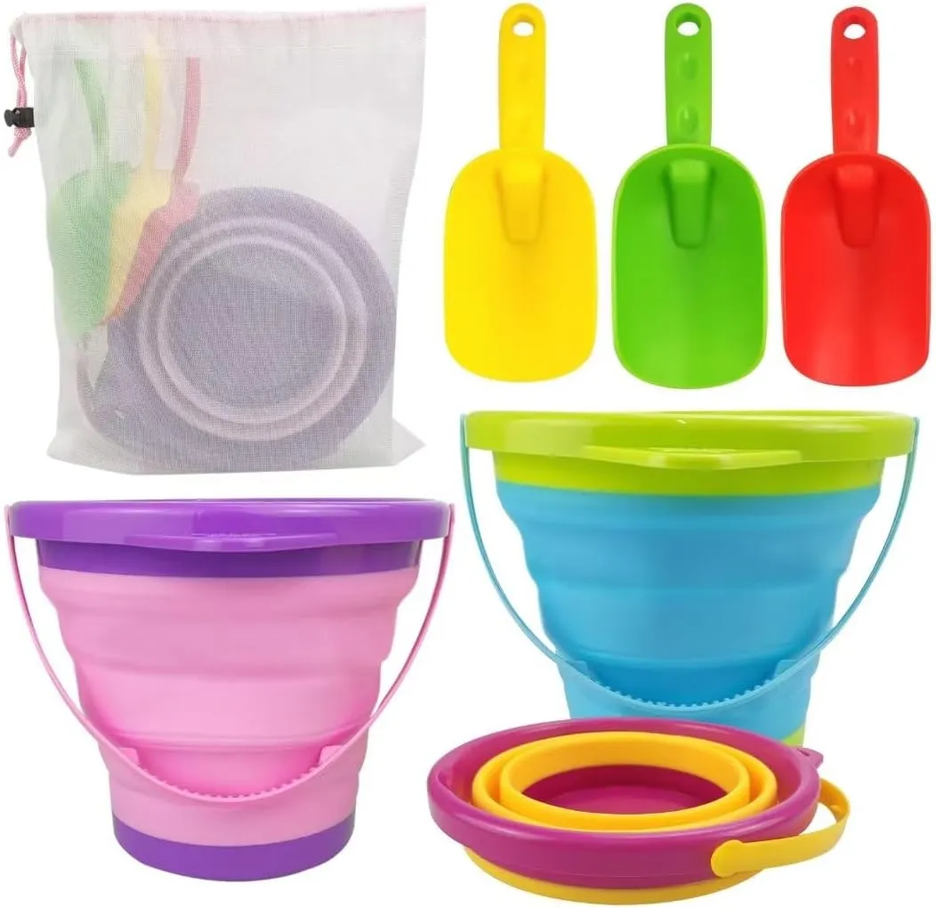 Collapsible Beach Pail Bucket, 3pcs Fordable Sand Buckets and Shovels with Mesh Bag Collapsible Sand Toys for Beach Party Favors for Kids for Beach Camping Travelling