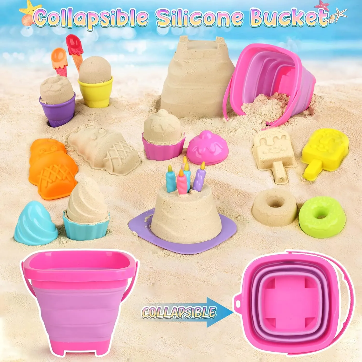 Collapsible Beach Toys Set for Kids 3-10, Collapsible Sand Bucket Shovels Set with Mesh Bag and Beach Molds, Ice Cream Sand Toys for Beach, Sandbox Travel Toys for Kids Toddlers Girls