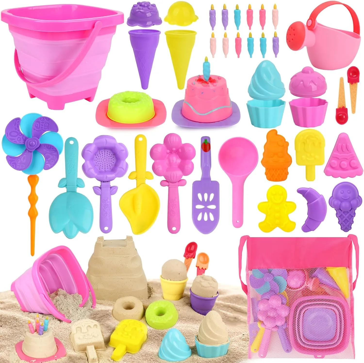 Collapsible Beach Toys Set for Kids 3-10, Collapsible Sand Bucket Shovels Set with Mesh Bag and Beach Molds, Ice Cream Sand Toys for Beach, Sandbox Travel Toys for Kids Toddlers Girls
