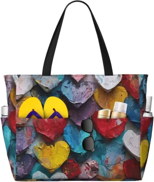 Colorful Heart Print 28L Beach Tote Bag, Water-resistant Travel Tote, Lightweight Gym & Camping Carryall