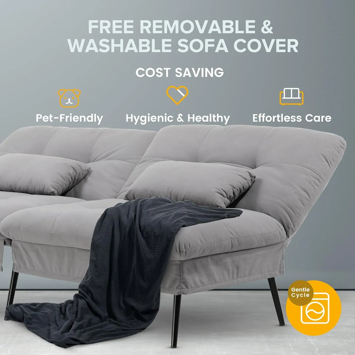 COMHOMA Convertible Futon Sofa Bed, 68″Fabric Futon Couch with Adjustable Backrest, Folding Sleeper Recliner for Living Room Furniture (Dark Grey)