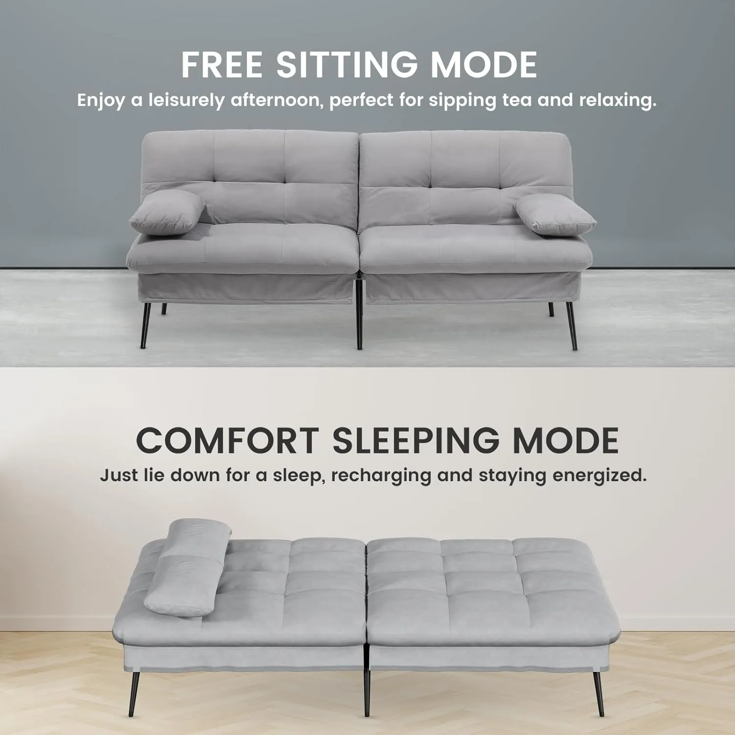 COMHOMA Convertible Futon Sofa Bed, 68″Fabric Futon Couch with Adjustable Backrest, Folding Sleeper Recliner for Living Room Furniture (Dark Grey)