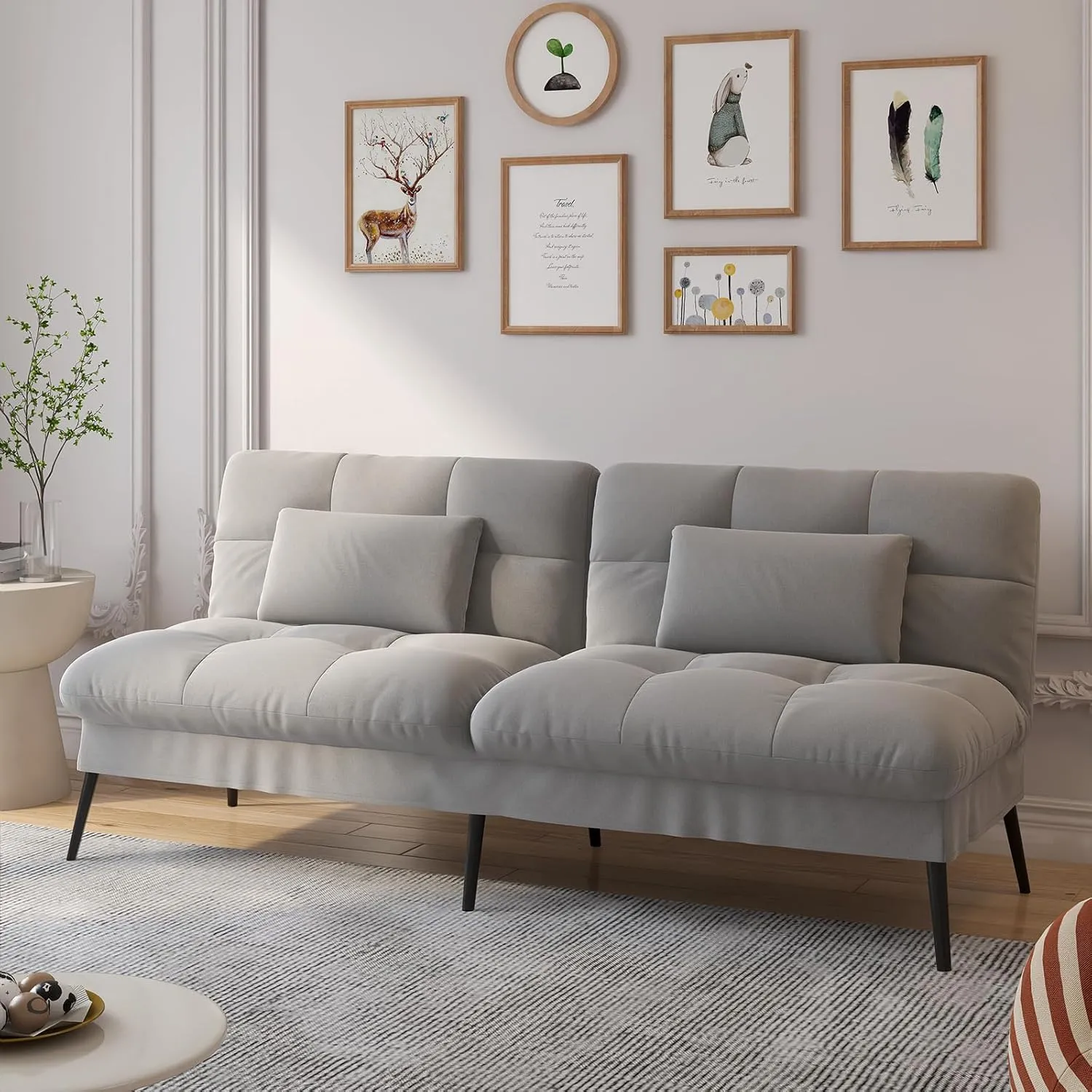 COMHOMA Convertible Futon Sofa Bed, 68″Fabric Futon Couch with Adjustable Backrest, Folding Sleeper Recliner for Living Room Furniture (Dark Grey)
