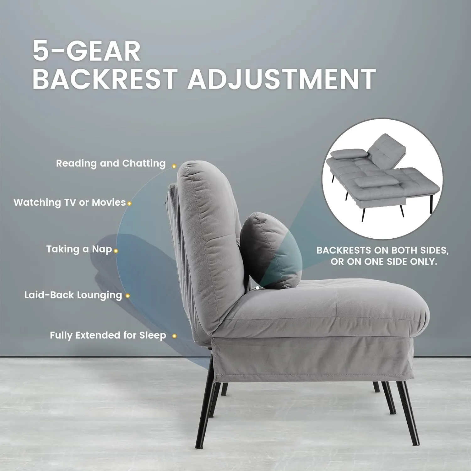 COMHOMA Convertible Futon Sofa Bed, 68″Fabric Futon Couch with Adjustable Backrest, Folding Sleeper Recliner for Living Room Furniture (Dark Grey)