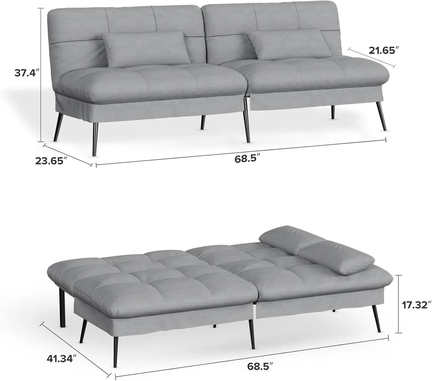 COMHOMA Convertible Futon Sofa Bed, 68″Fabric Futon Couch with Adjustable Backrest, Folding Sleeper Recliner for Living Room Furniture (Dark Grey)