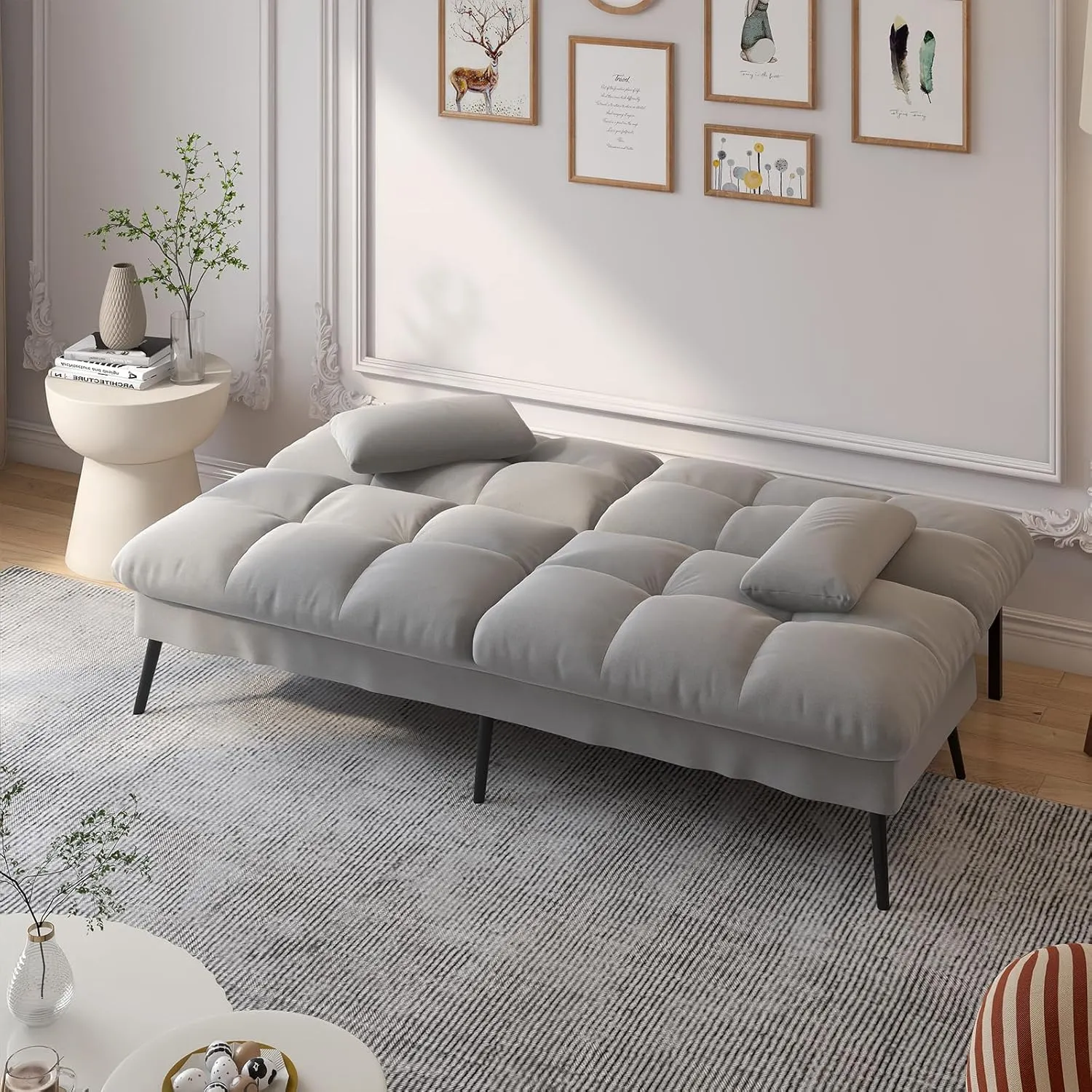 COMHOMA Convertible Futon Sofa Bed, 68″Fabric Futon Couch with Adjustable Backrest, Folding Sleeper Recliner for Living Room Furniture (Dark Grey)