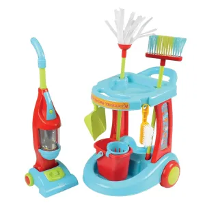 Constructive Playthings Little Helper 12-Piece Kids Cleaning Set with Toy Vacuum, Cart, Broom, and Mop, Pretend Play Toddler Cleaning Toy Set for Kids Ages 3 , Multicolor