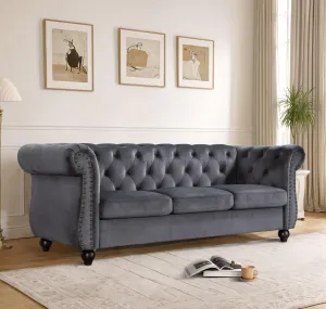 Container Furniture Velvet Chesterfield Couch, Button-Tufted Backrest, Rolled Arms, High-Density Foam with Spring Support, Elegant Accent Piece, Sofa, Grey