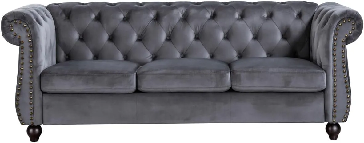 Container Furniture Velvet Chesterfield Couch, Button-Tufted Backrest, Rolled Arms, High-Density Foam with Spring Support, Elegant Accent Piece, Sofa, Grey