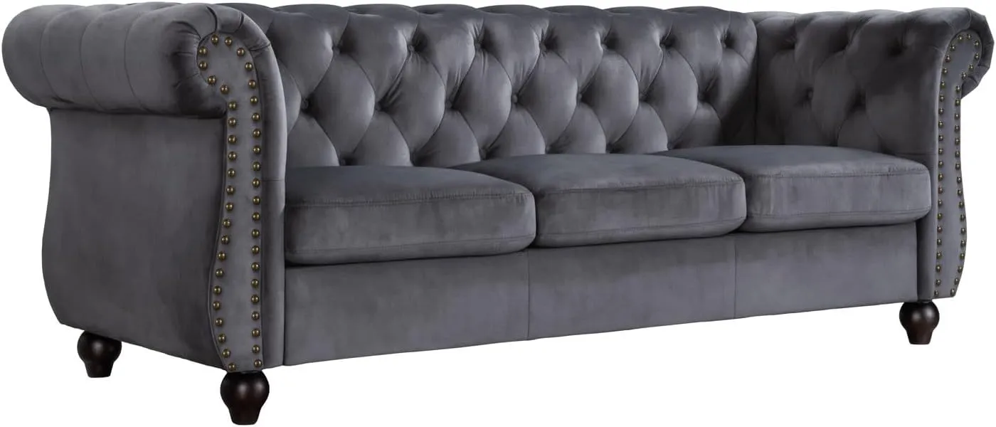 Container Furniture Velvet Chesterfield Couch, Button-Tufted Backrest, Rolled Arms, High-Density Foam with Spring Support, Elegant Accent Piece, Sofa, Grey