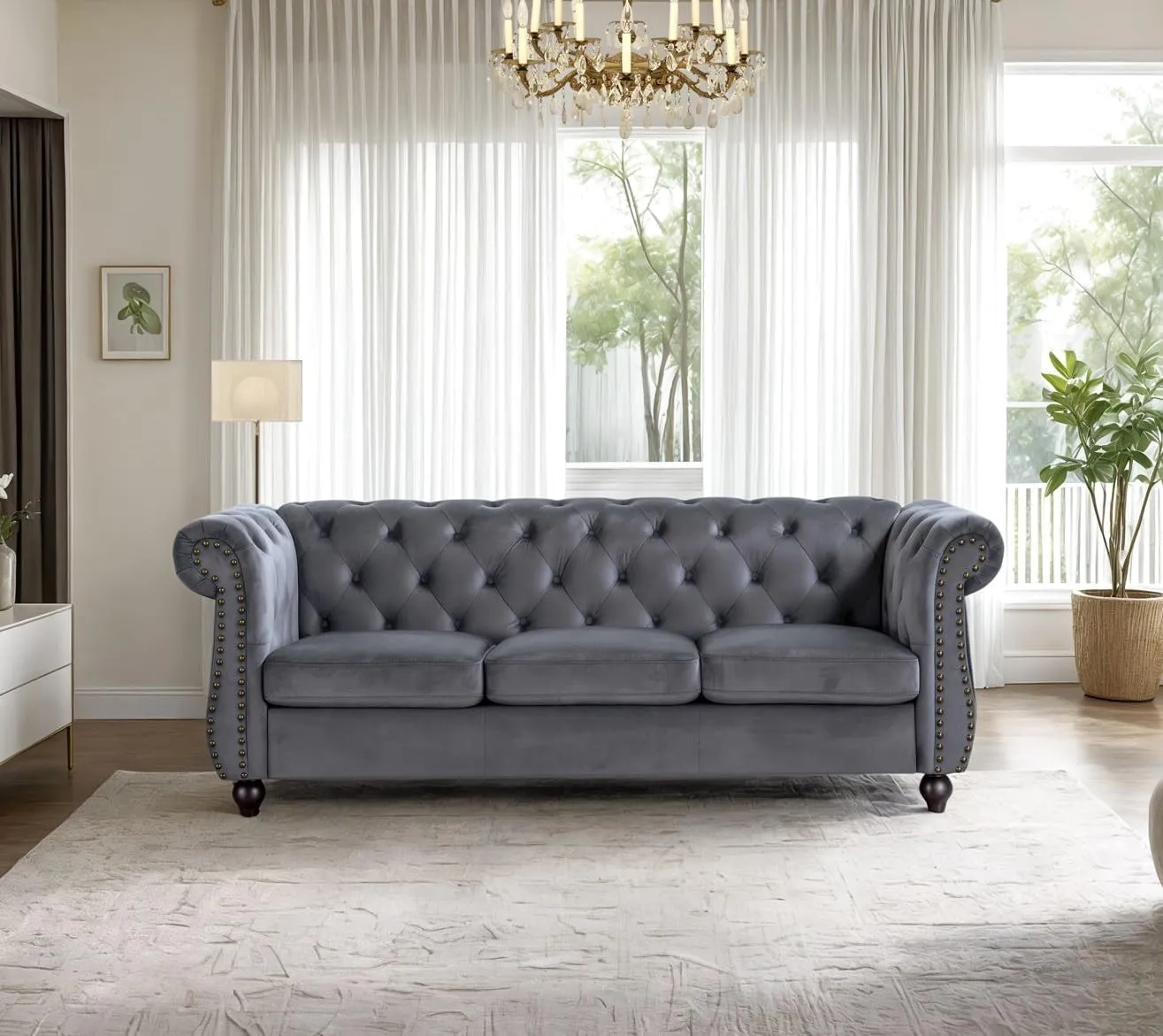 Container Furniture Velvet Chesterfield Couch, Button-Tufted Backrest, Rolled Arms, High-Density Foam with Spring Support, Elegant Accent Piece, Sofa, Grey