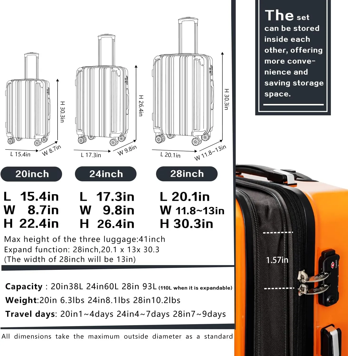 Coolife Luggage Expandable(only 28") Suitcase PC ABS Spinner 20in 24in 28in Carry on (navy new, S(20in)_carry on)
