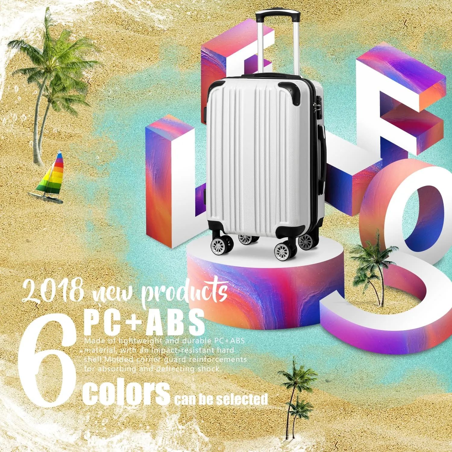 Coolife Luggage Expandable(only 28") Suitcase PC ABS Spinner 20in 24in 28in Carry on (white grid new, L(28in))