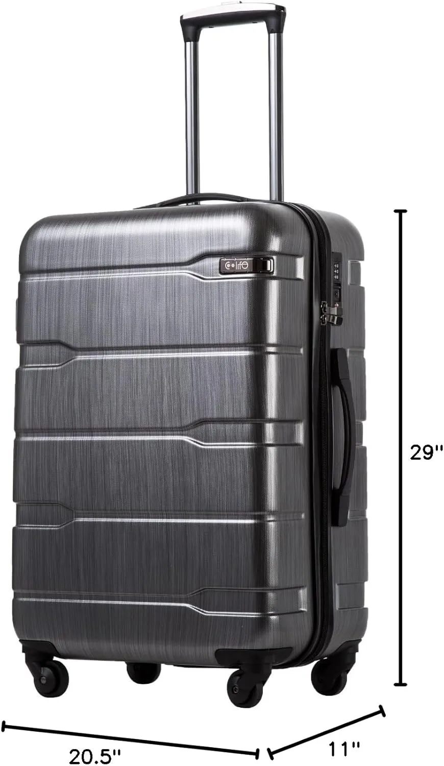 Coolife Luggage Expandable(only 28") Suitcase PC ABS Spinner Built-In TSA lock 20in 24in 28in Carry on (Charcoal., L(28in).)