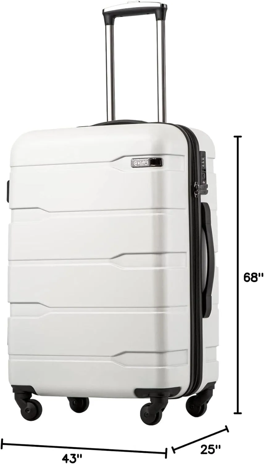 Coolife Luggage Expandable(only 28") Suitcase PC ABS Spinner Built-In TSA lock 20in 24in 28in Carry on (white, M(24in).)