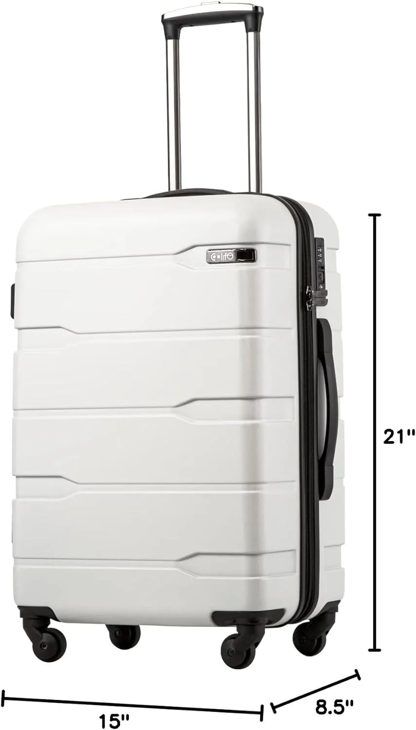 Coolife Luggage Expandable(only 28") Suitcase PC ABS Spinner Built-In TSA lock 20in 24in 28in Carry on (white, S(20in_carry on))