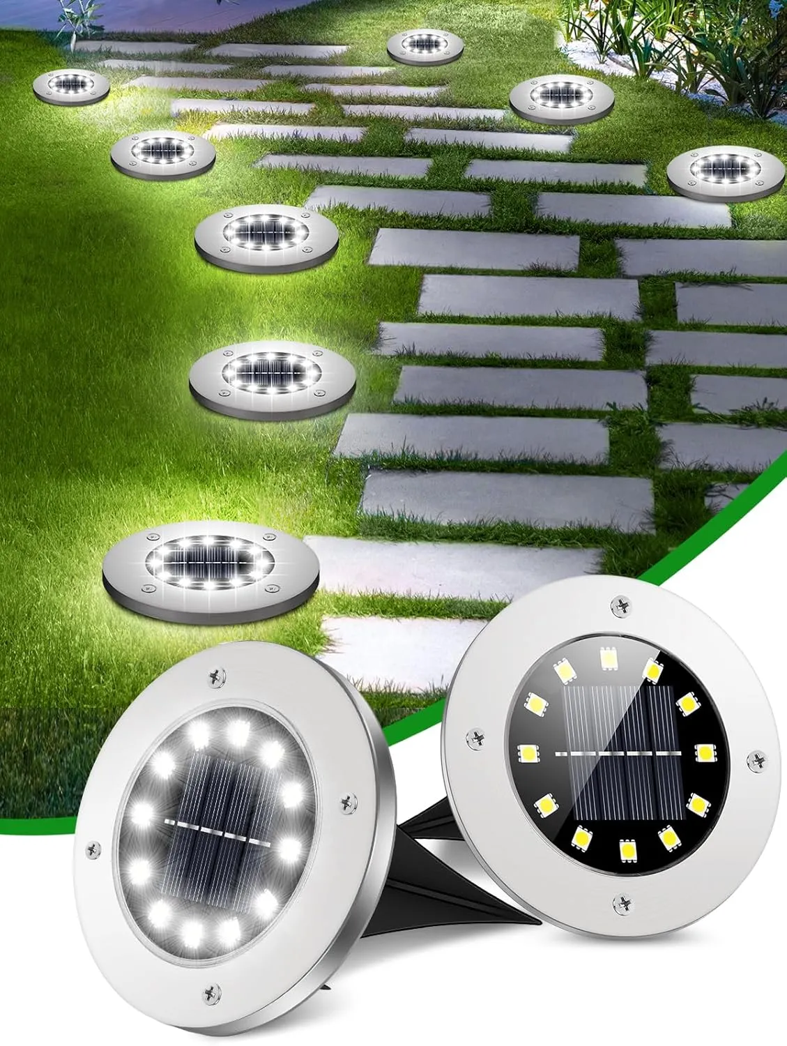Coroor Solar Ground Lights, 12 LED Waterproof Garden Disk Lights for Outdoor Pathway, Yard, Lawn, Patio, Walkway, Pool (12 Packs White)