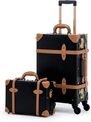 COTRUNKAGE 2 Piece Vintage Luggage Check-in Suitcase Sets for Travel with Spinner Wheels, Black