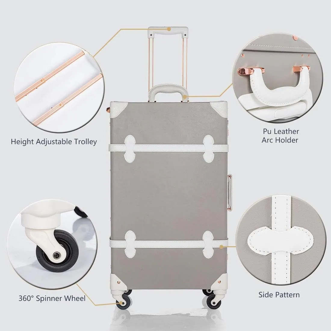 COTRUNKAGE Pu Spinner Suitcase Grey Vintage Trunk Luggage Set with TSA Locks (Light Grey, 26")
