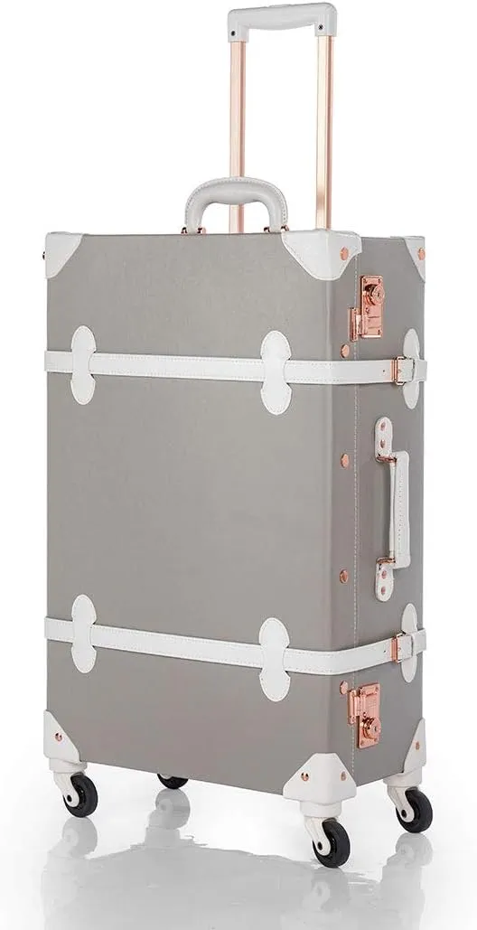 COTRUNKAGE Pu Spinner Suitcase Grey Vintage Trunk Luggage Set with TSA Locks (Light Grey, 26")