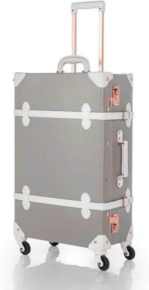 COTRUNKAGE Pu Spinner Suitcase Grey Vintage Trunk Luggage Set with TSA Locks (Light Grey, 26")