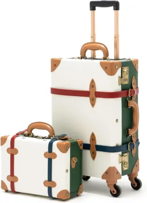 COTRUNKAGE Small 20" Vintage Luggage Set 2 Pieces TSA Approved Carry On Suitcase for Women with Wheels, White/Green
