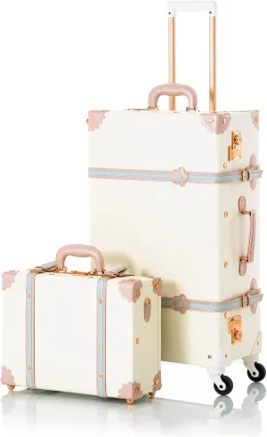 COTRUNKAGE Vintage Checked Luggage Sets 2 Piece Suitcase for Women with 16" Suitcase Bag, Cream White
