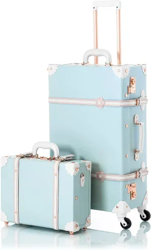 COTRUNKAGE Vintage Checked Luggage Sets 2 Piece Suitcase for Women with 16" Suitcase Bag, Sky Blue
