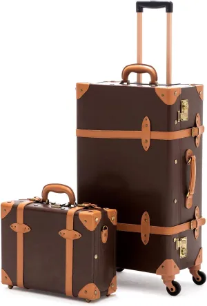 COTRUNKAGE Vintage Checked Luggage Sets 2 Piece TSA Lock Suitcase for Women with 16" Suitcase Bag, Cocoa Brown