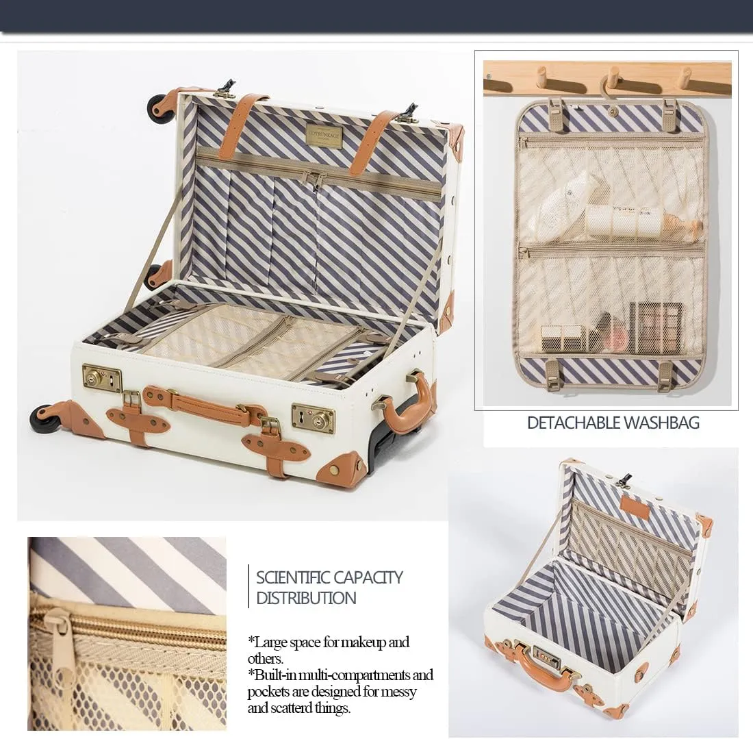 COTRUNKAGE Vintage Checked Luggage Sets 2 Piece TSA Lock Suitcase for Women with 16" Suitcase Case, Pearl White