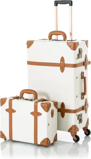COTRUNKAGE Vintage Checked Luggage Sets 2 Piece TSA Lock Suitcase for Women with 16" Suitcase Case, Pearl White