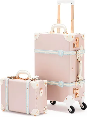 COTRUNKAGE Vintage Luggage Sets for Women, 20" Small Pink Carryon Luggage 2 Piece with Spinner Wheels, 13" Travel Cosmetic Train Case, Cherry Pink