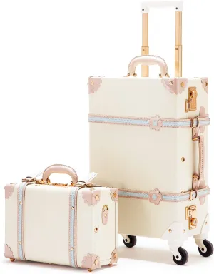 COTRUNKAGE Vintage Suitcases Set on Wheels, 20 Inch White Carry-on Luggage 2 Piece Set with 13" Hard Shell Train Case Womens, Cream White