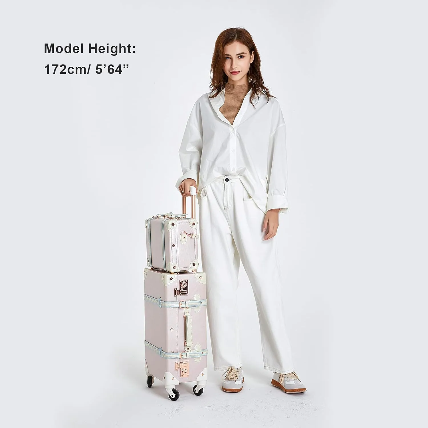 COTRUNKAGE Vintage Suitcases Set on Wheels, 20 Inch White Carry-on Luggage 2 Piece Set with 13" Hard Shell Train Case Womens, Cream White