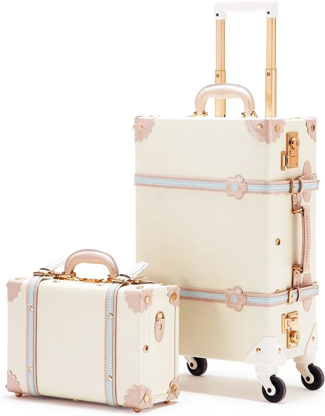 COTRUNKAGE Vintage Suitcases Set on Wheels, 20 Inch White Carry-on Luggage 2 Piece Set with 13" Hard Shell Train Case Womens, Cream White