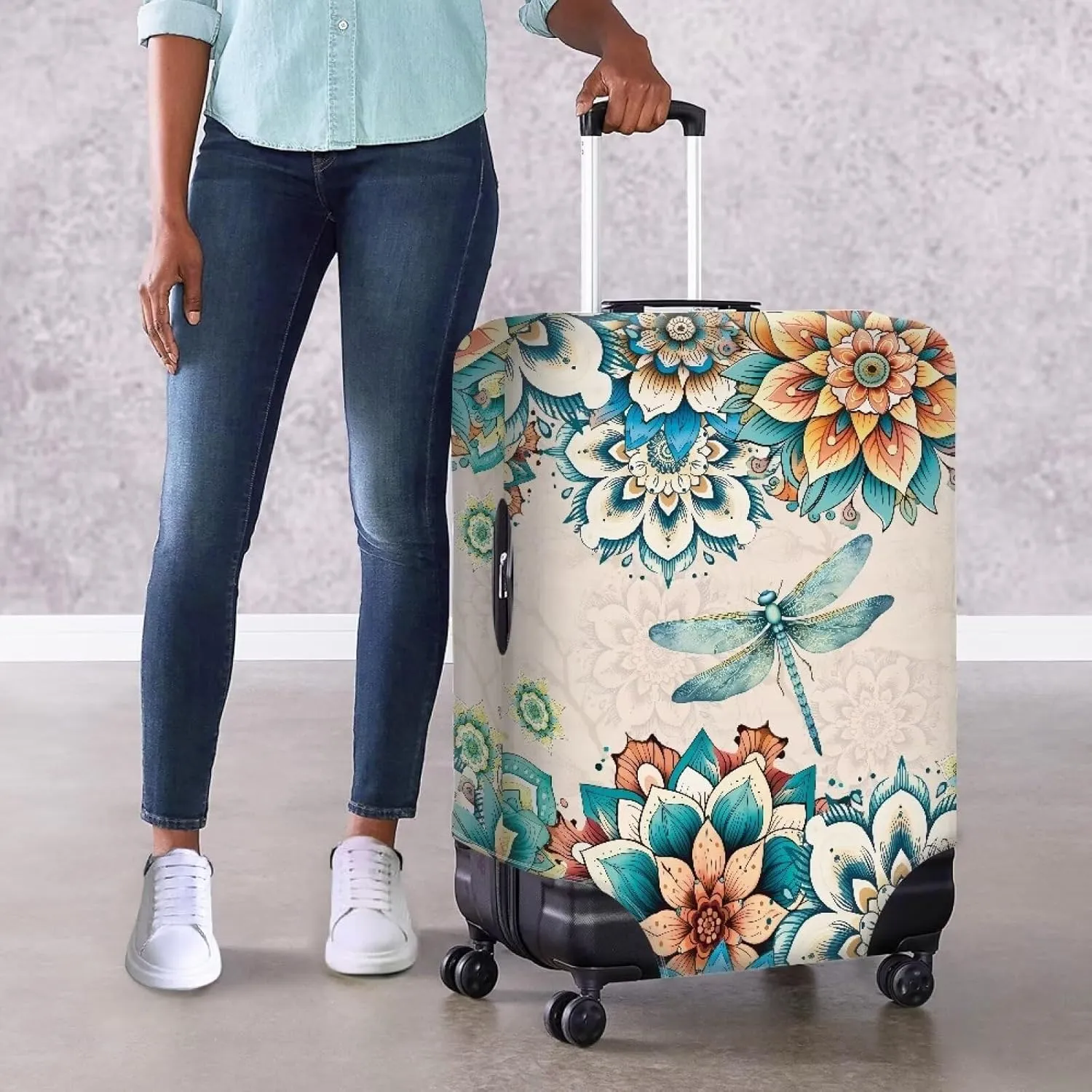 Cozeyat Boho Dragonfly Travel Luggage Cover - Fits 22-24 Inch Suitcases - Elastic, Washable, Stretchy, Anti-Scratch Sleeve with Zipper
