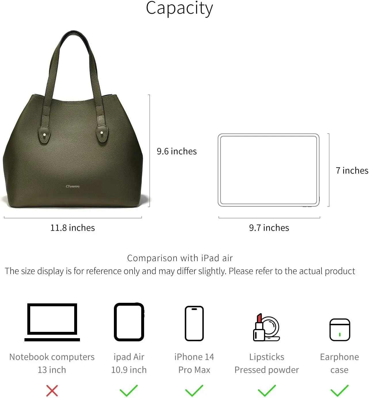 C.Paravano Large Capacity Tote Handbag | Full Grain Leather Tote Bag | Hobo Bag | Women's Top Handle Tote | Travel Work Tote