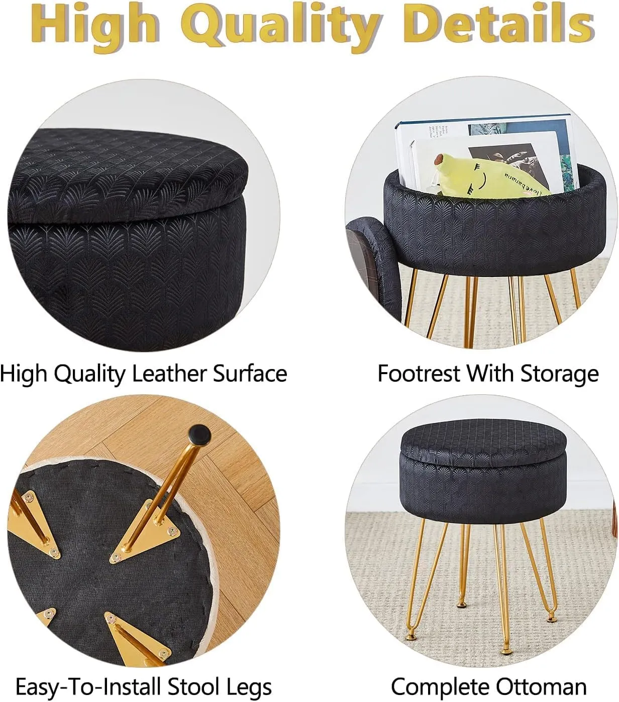 Cpintltr Modern Velvet Foot Rest Stool Upholstered Round Storage Ottomans Multipurpose Dressing Stools Luxury Home Decor Ottoman Coffee Table Top Cover Footstool with Metal Legs for Couch Black
