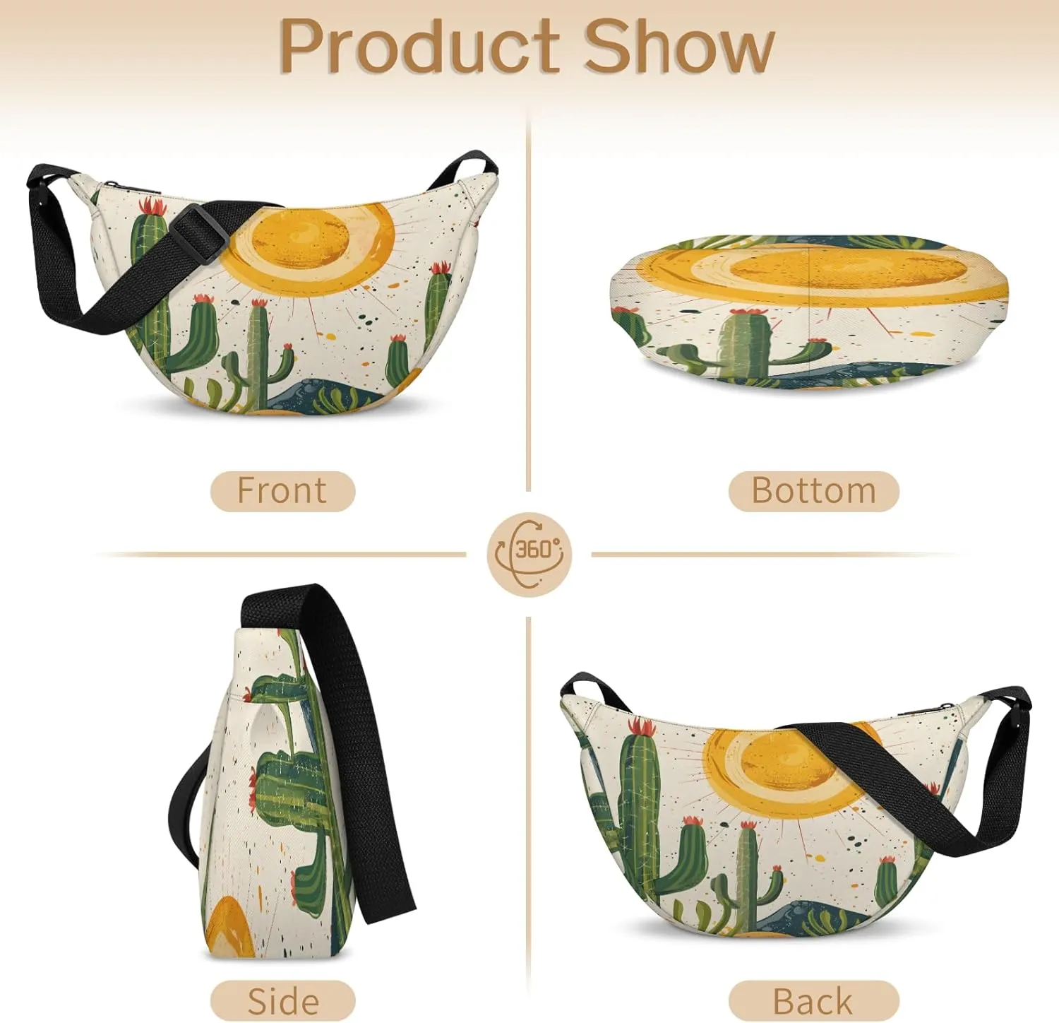 Crescent Bag for Women Men, Lightweight Medium Folding Crescent Moon Bag, Single Shoulder Bags with 2 Small Pockets