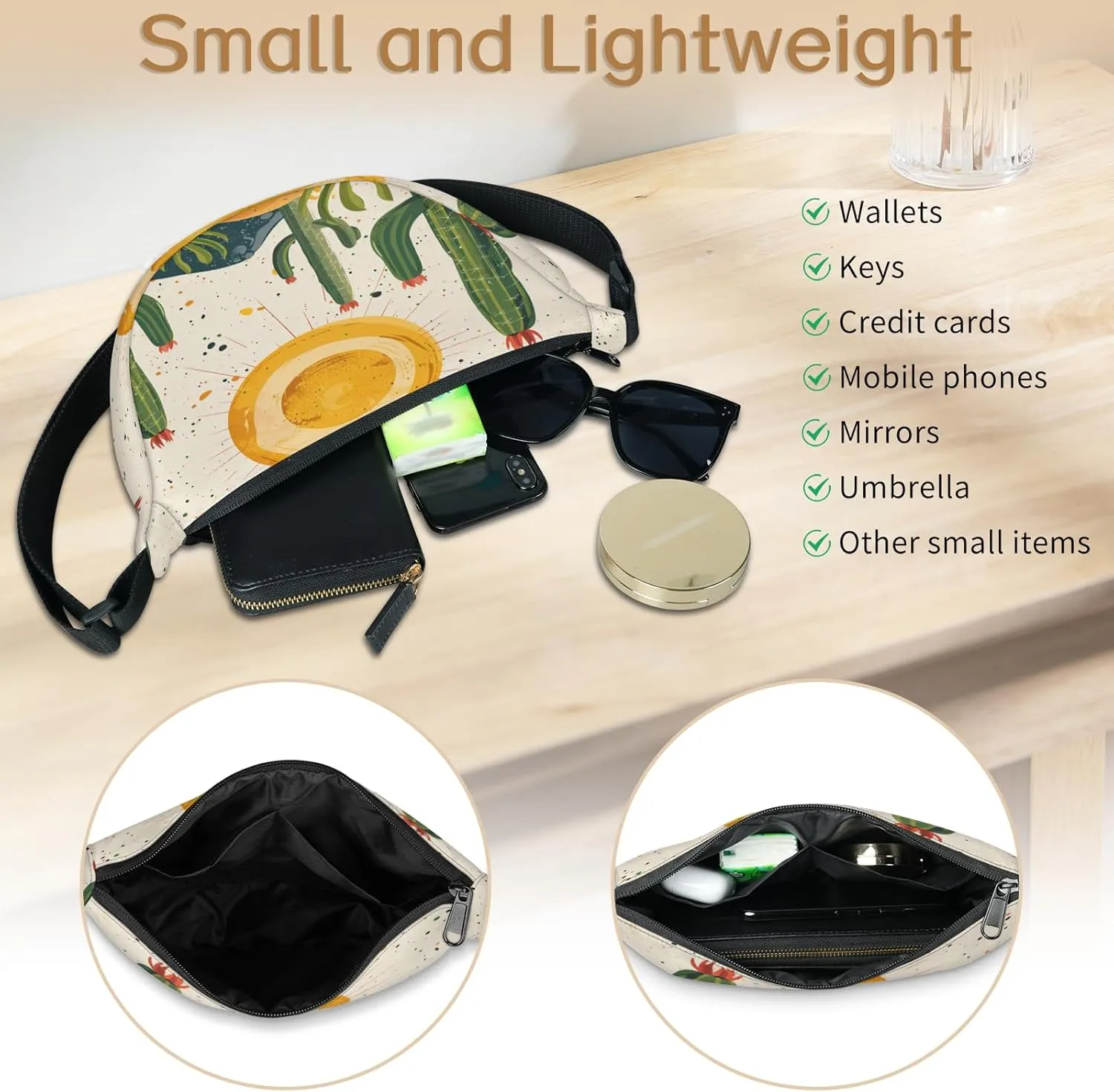 Crescent Bag for Women Men, Lightweight Medium Folding Crescent Moon Bag, Single Shoulder Bags with 2 Small Pockets