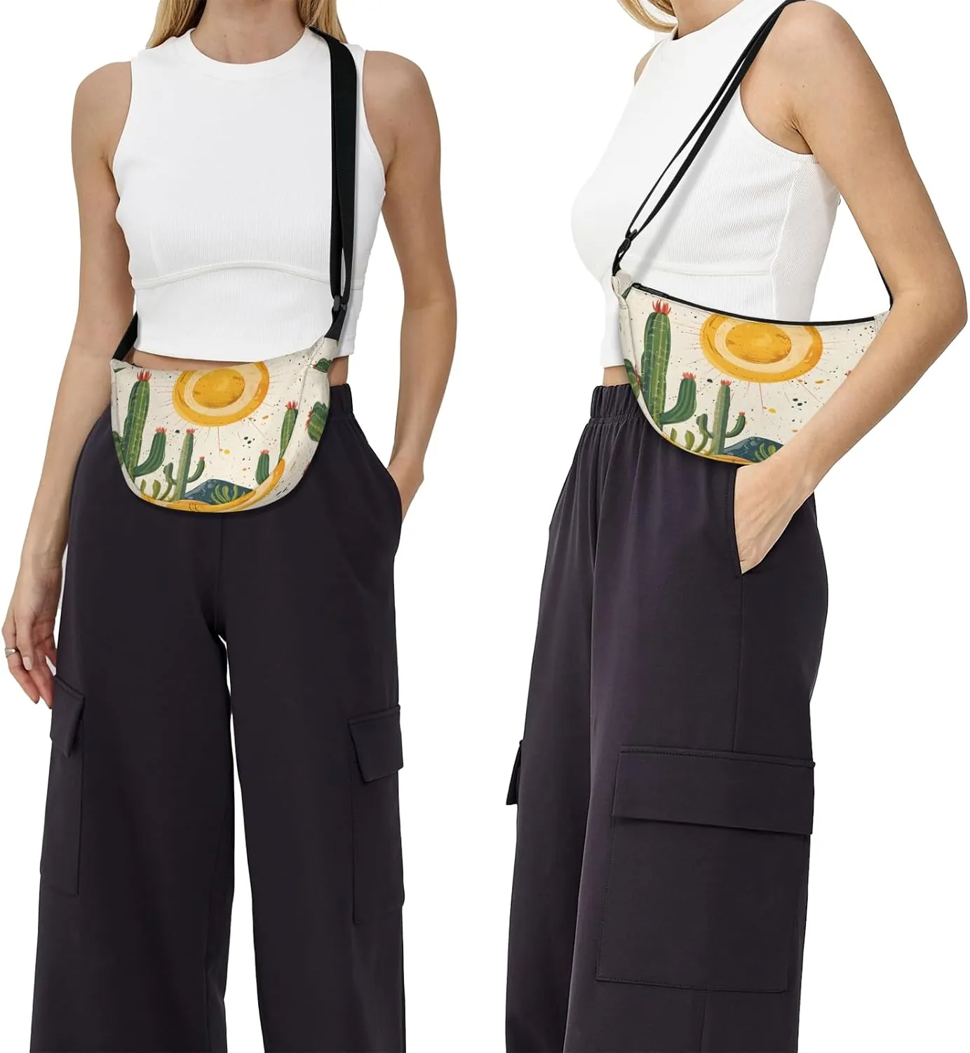 Crescent Bag for Women Men, Lightweight Medium Folding Crescent Moon Bag, Single Shoulder Bags with 2 Small Pockets